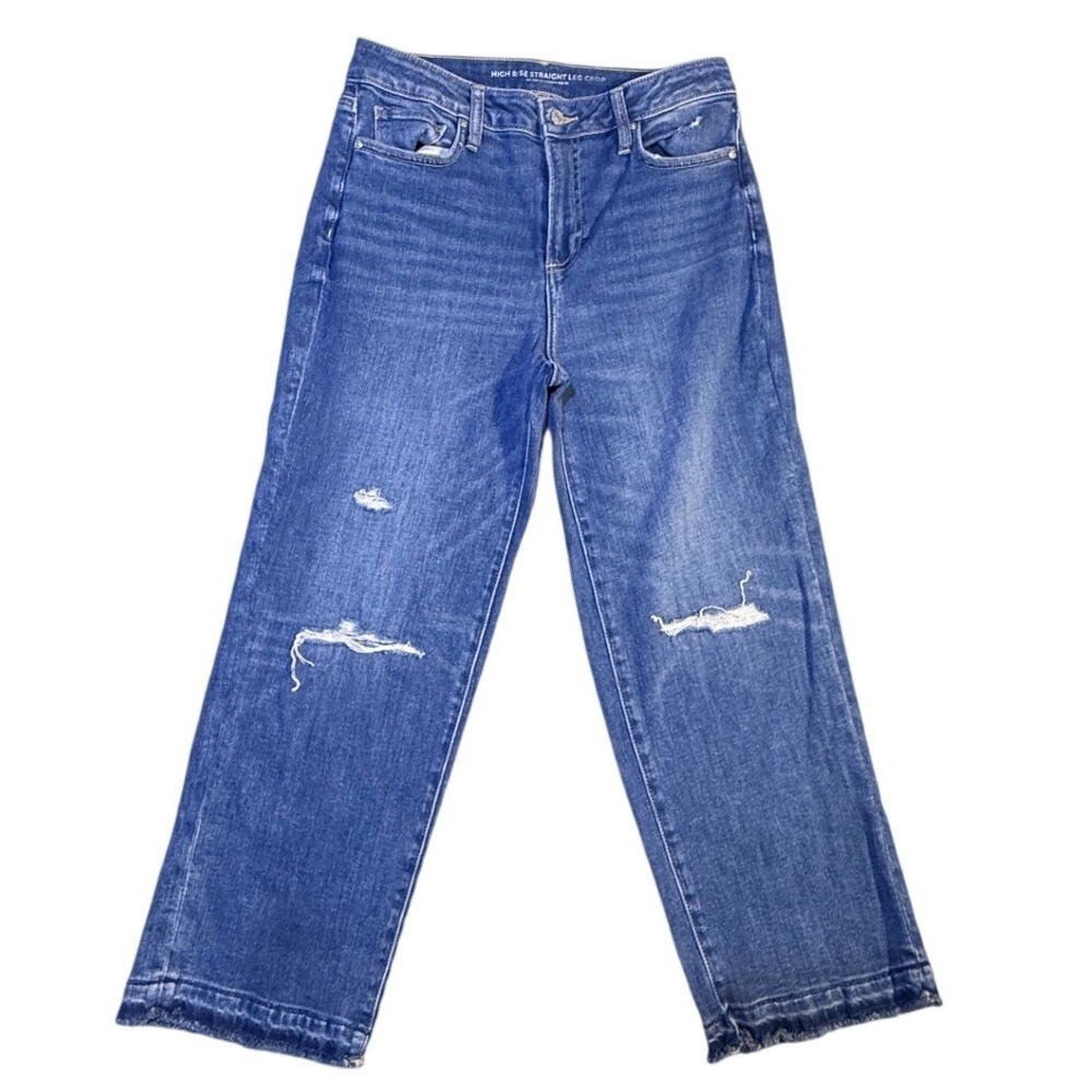 Chicos High Rise Straight Leg Crop Jeans Blue Distressed Raw Hem Size 0R 4R-2058
